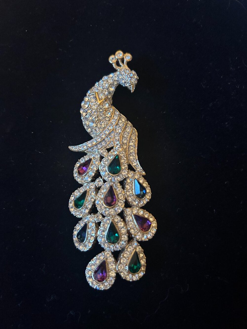 Nolan Miller Prosperous Peacock Brooch Rhinestone Jewel Tone Gold Tone Signed